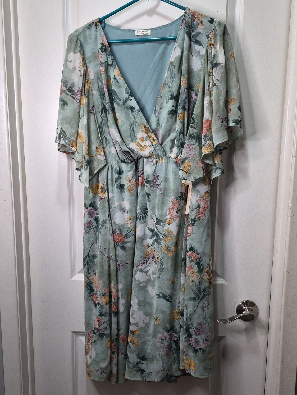 Floral Midi Dress in Dusty Sage - Feminine Flutter Sleeve